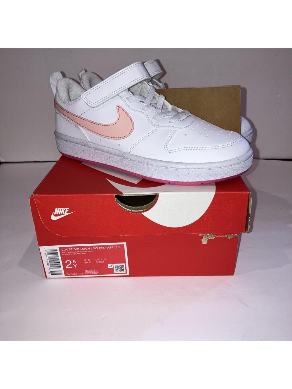 Nike Court Borough Low Recraft (PS)Kids Size 2.5 White/Arctic Orange Pinksicle